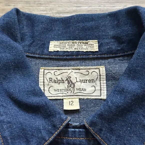 Vintage 70s Ralph Lauren Western Wear Denim Bib Button Shirt Size 12 RARE! - Picture 5 of 9